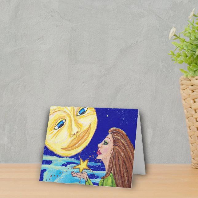 Gåva till månnotkort kort (Woman holding golden star under full moon smiling face night sky clouds on notecards.)