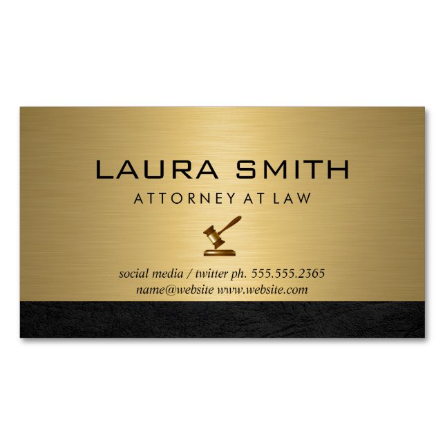 Gavel Icon | Attorney | Metallisk lädertrim av Gul Magnetiska Visitkort (Framsida)