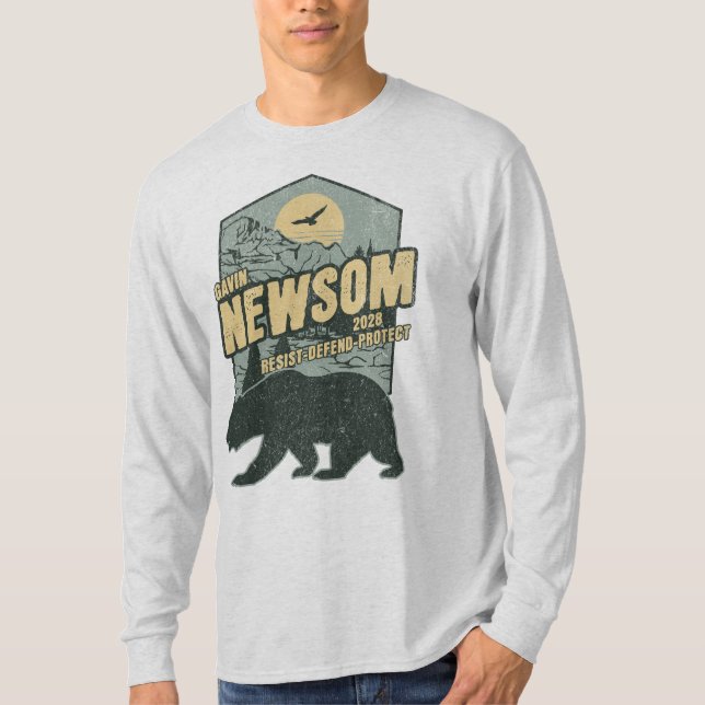 Gavin Newsom 2028 Resist Protect Defend T Shirt (Framsida)