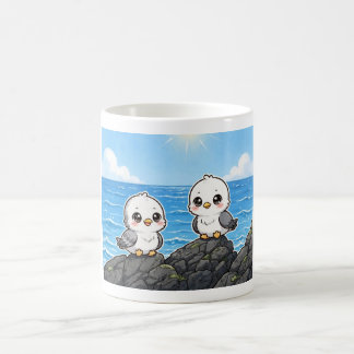 Gaviotas kawaii en la Roca frente al mar Kaffemugg