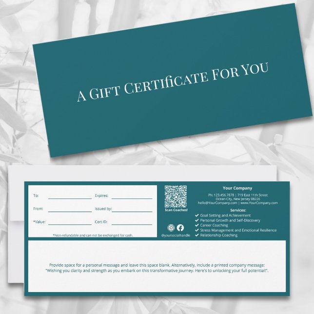 Gåvocertifikat för QR-kod för skalbagage (Minimalist QR Code Teal Life Coach Note Gift Certificate)