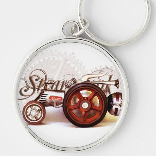 Gåvor för Steampunk traktoröde Rund Silverfärgad Nyckelring (Framsidan)