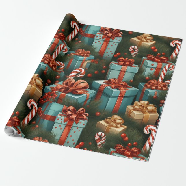 Gåvor och candy cane presentpapper (Utrullad)