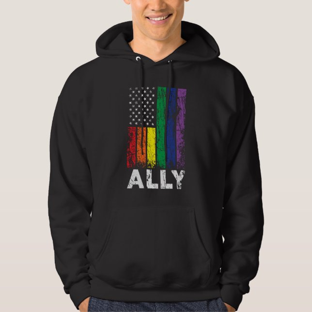 Gay Ally USA Patriotic Rainbow Flag Gay Pride 4th  Hoodie (Framsida)