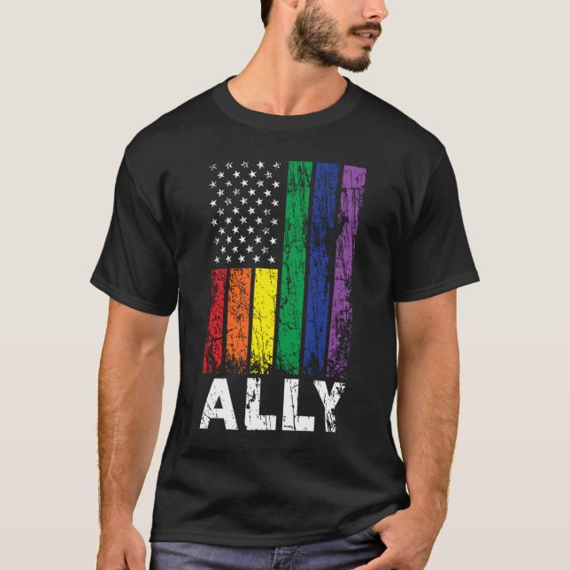 Gay Ally USA Patriotic Rainbow Flag Gay Pride 4th  T Shirt (Framsida)