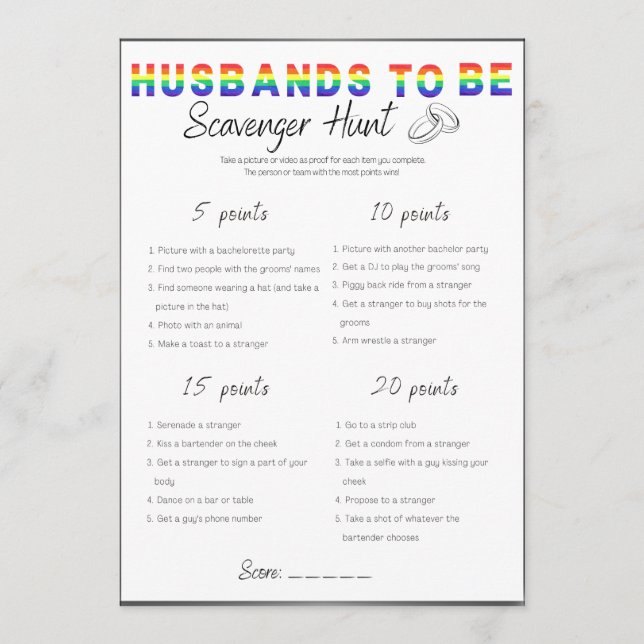 Gay Bachelor Party Game, Scavenger Hunt Inbjudningar (Framsida)