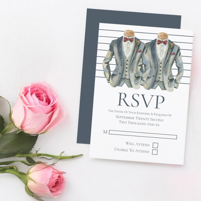 Gay Bröllop 2 Grooms i Kostym och Bow Ties OSA (Gay Wedding Two Grooms in Suits and Bow Ties RSVPs from Ricaso Designed in blue & white. modern RSVP)