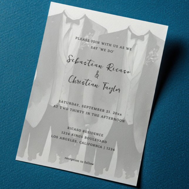 Gay Bröllop 2 Grooms i Kostym och Ties Inbjudningar (Gay Wedding Two Grooms in Suits and Ties Invitation by Ricaso Modern same sex wedding invites )