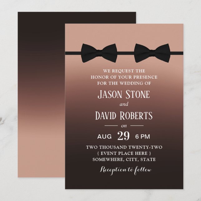 Gay Bröllop Dubbla Bow Ties Elegant Brown Ombre Inbjudningar (Fram/baksida)