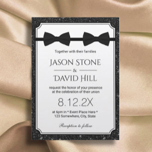 Gay Bröllop Dubbla Bow Ties Modern Black Glitter Inbjudningar