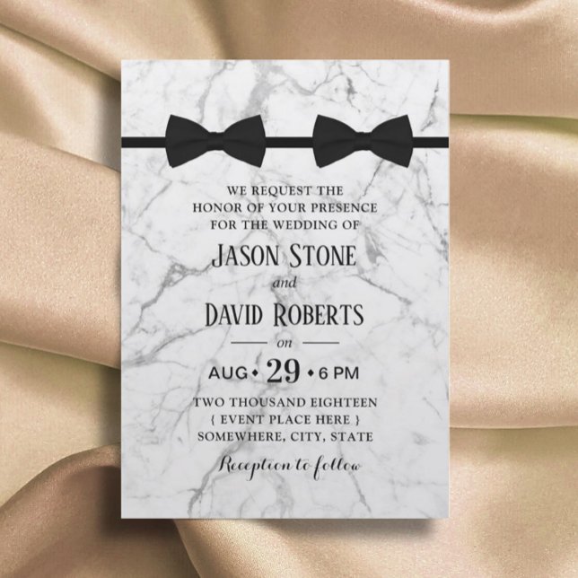 Gay Bröllop Dubbla Bow Ties Modern Marble Inbjudningar (Skapare uppladdad)