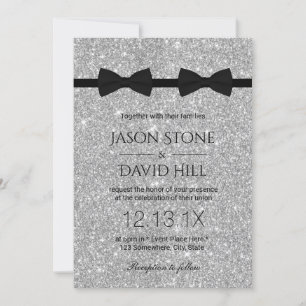 Gay Bröllop Dubbla Bow Ties Modern Silver Glitter Inbjudningar