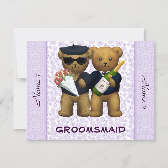 Gay Bröllop - Groomsmaid - Nalle lilac Inbjudningar (Framsida)