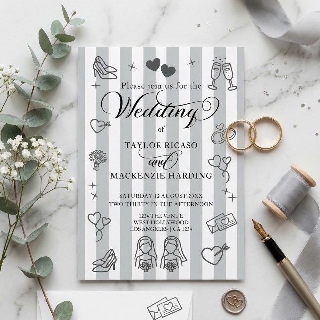 Gay Bröllop Två Brudar Whimsical Krafs Inbjudningar (Gay Wedding Two Brides Whimsical Doodles Invitation
by Ricaso. Lesbian brides modern and fun)