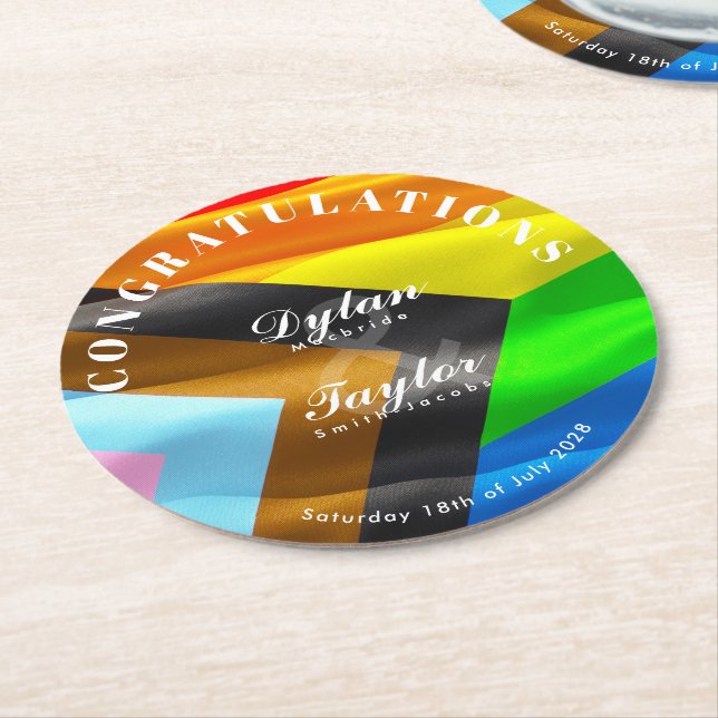 Gay Bröllopskongratulationer Pride Flag Typografi Underlägg Papper Rund (Vinklad)