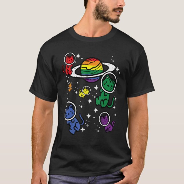 Gay Cats In Space Rainbow Pride Month Lgbtq Ally W T Shirt (Framsida)