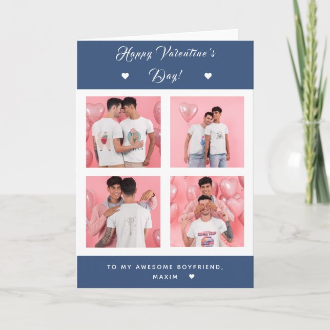 Gay Couple 4 Photo Collage Valentines day Blue Kort (Framsida)
