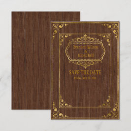 Gay Couple Brown Barnwood och Guld Ramar Bröllop Spara Datumet