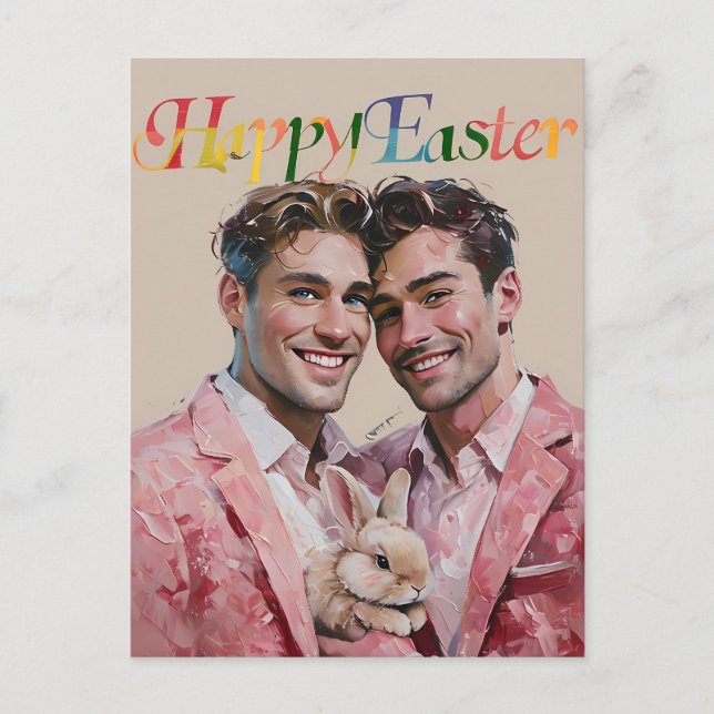 Gay Couple i Rosa Kostym med Bunny Påsk-kort Helg Vykort (Framsida)
