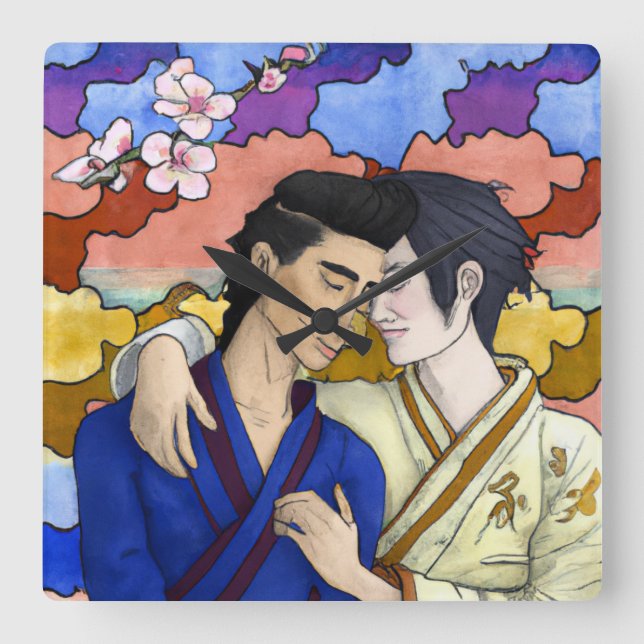 Gay Couple i Stil i Ukiyo-e Japansk konst Fyrkantig Klocka (Framsida)