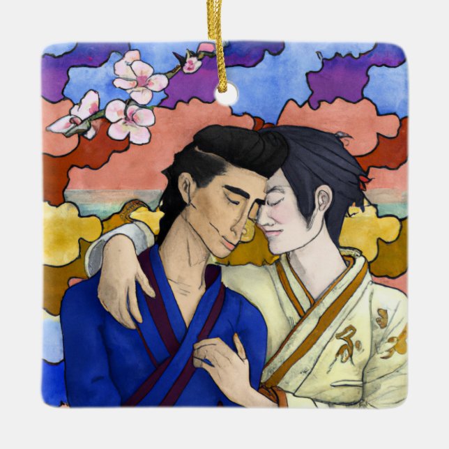 Gay Couple i Stil i Ukiyo-e Japansk konst Julgransprydnad Keramik (Framsida)