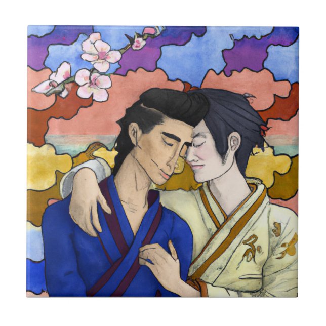 Gay Couple i Stil i Ukiyo-e Japansk konst Kakelplatta (Framsidan)