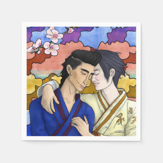 Gay Couple i Stil i Ukiyo-e Japansk konst Pappersservett (Framsidan)