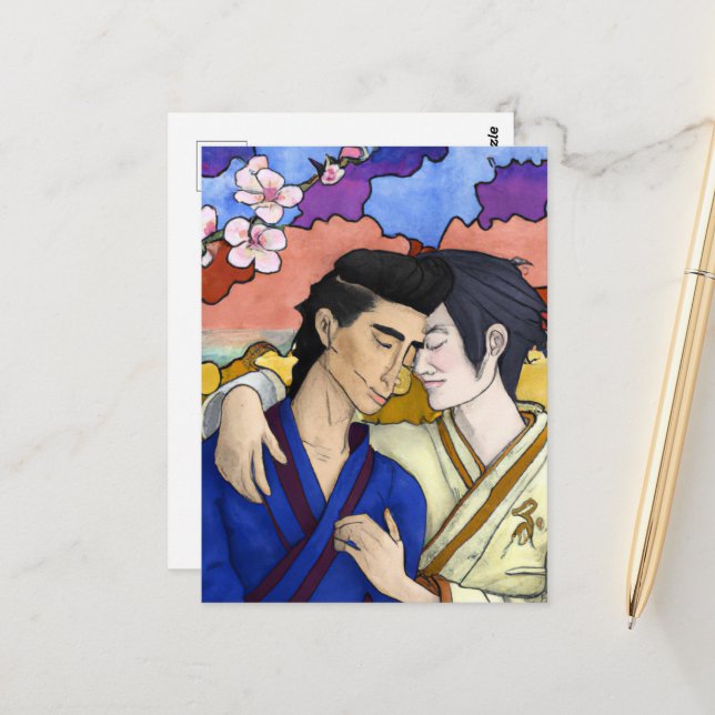 Gay Couple i Stil i Ukiyo-e Japansk konst Vykort (Fram/Back In Situ)