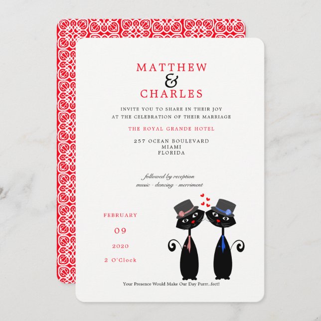 Gay Couple LGBTQ Bröllop Cute Svarta katter Inbjudningar (Fram/baksida)