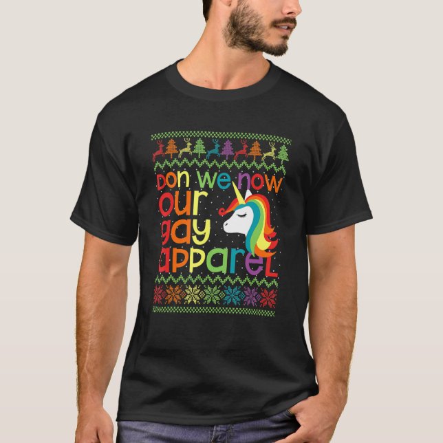 Gay God Jul Rainbow Unicorn. T Shirt (Framsida)