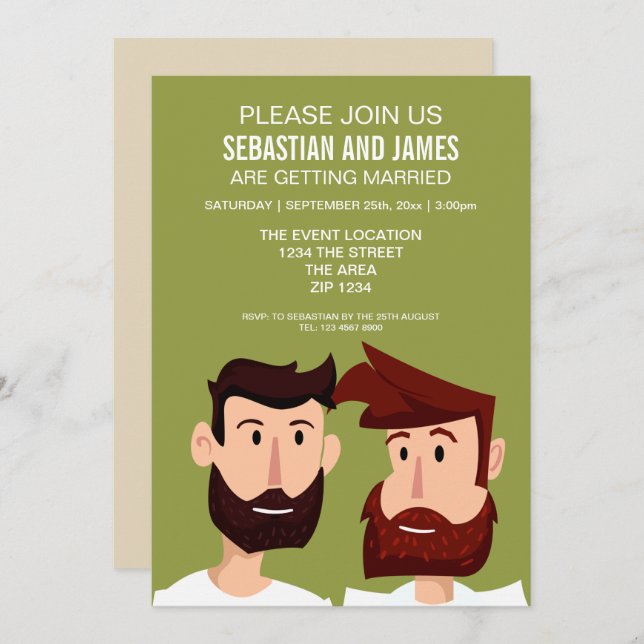 Gay Grooms med bodar Tecknad Bröllop Inbjudningar (Fram/baksida)