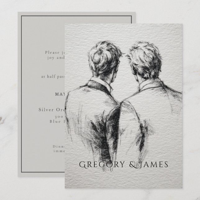 Gay / Grooms Wedding Pencil Drawing  Inbjudningar (Fram/baksida)