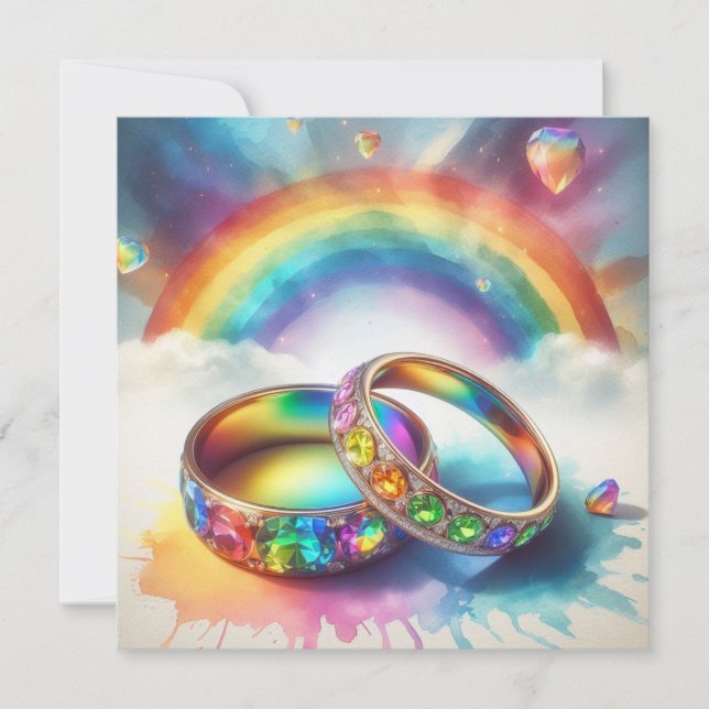 Gay Lesbisk Rainbow Ringar Bröllop Ceremony Inbjudningar (Framsida)