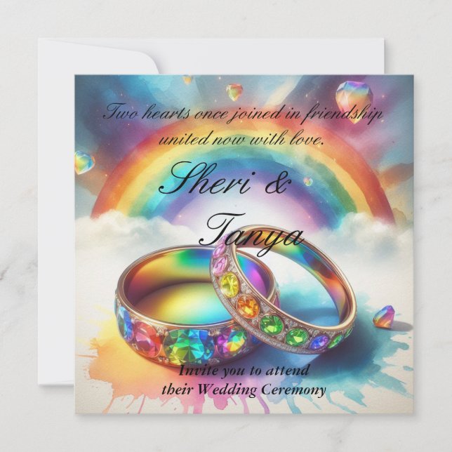 Gay Lesbisk Rainbow Ringar Bröllop Ceremony Inbjudningar (Framsida)