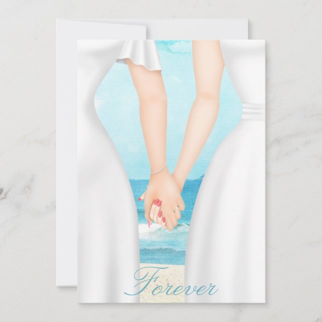 Gay Lesbisk Two Brides on Beach Call Inbjudningar (Framsida)