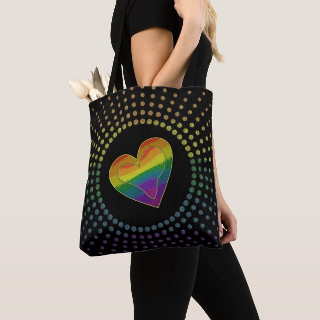 Gay LGBTQ Pride Månad Kärlek Rainbow Heart Dots Tygkasse (Närbild)