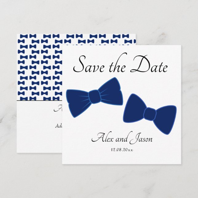 Gay Manar Bow Tie Blue White Save Date Bröllop (Fram/baksida)
