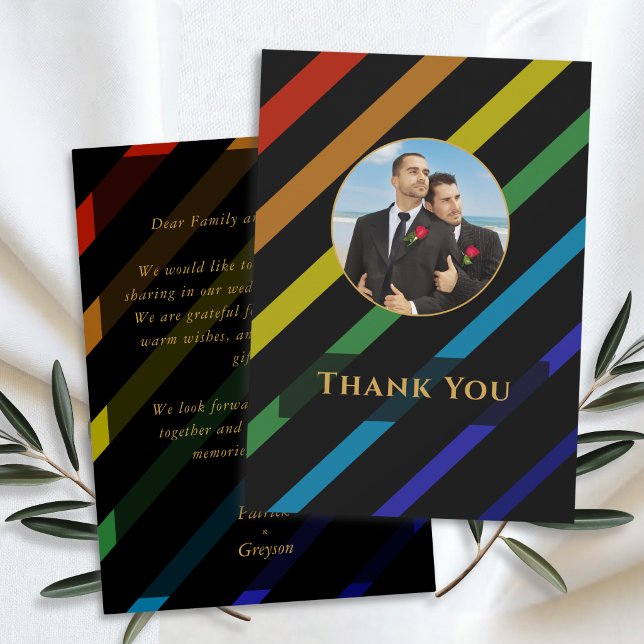 Gay Men Wedding Elegant Rainbow Photo Tack Kort (Skapare uppladdad)