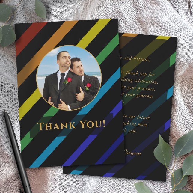 Gay Men Wedding Elegant Rainbow Photo Tack Kort (Skapare uppladdad)
