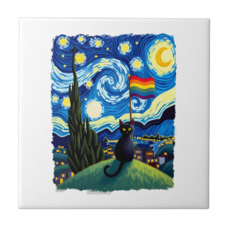 Gay Pride Cat Art Cat Starry Night Style LGBTQ Pri Kakelplatta