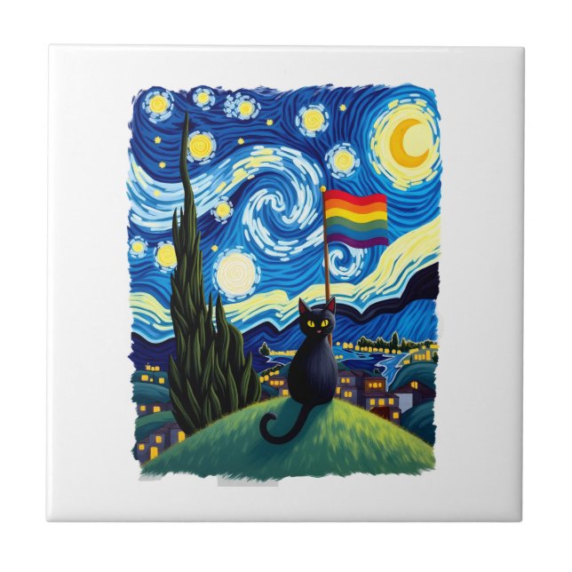 Gay Pride Cat Art Cat Starry Night Style LGBTQ Pri Kakelplatta (Framsidan)