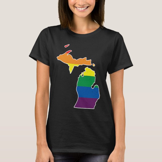 Gay Pride Flag  Michigan State Map  Rainbow Stripe T Shirt (Framsida)