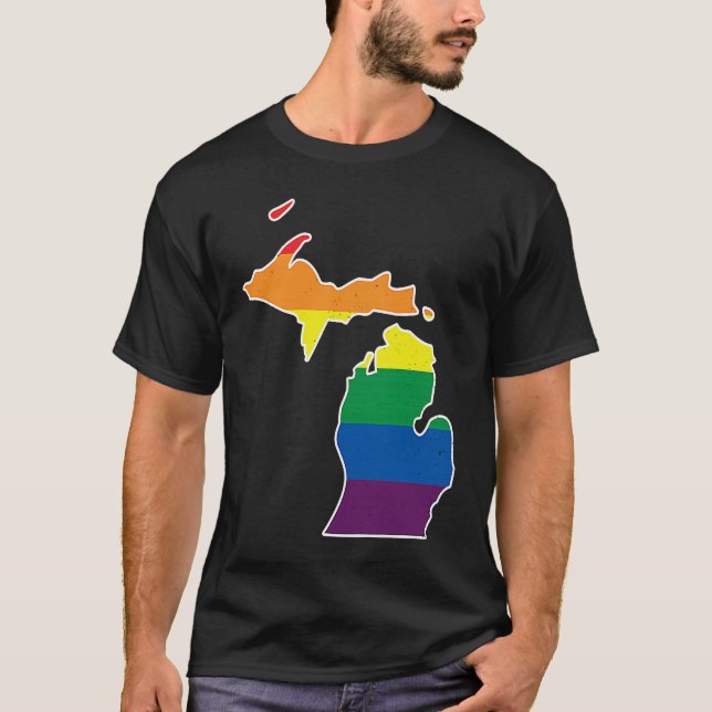 Gay Pride Flag  Michigan State Map  Rainbow Stripe T Shirt (Framsida)