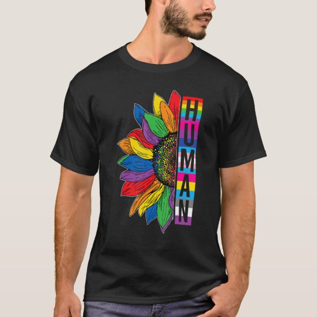 Gay Pride HUMAN Sunflower Rainbow LGBT LGBTQ Lesbi T Shirt (Framsida)
