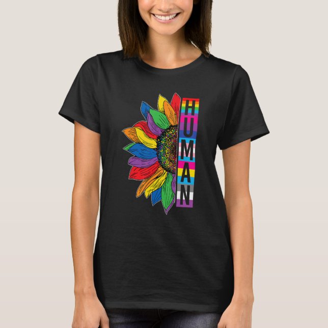 Gay Pride HUMAN Sunflower Rainbow LGBT LGBTQ Lesbi T Shirt (Framsida)