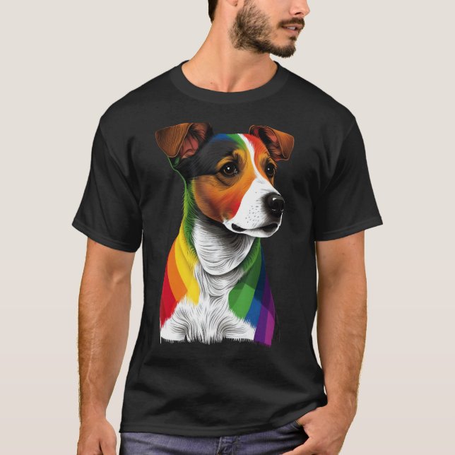 Gay Pride LGBT Rainbow Flag on Jack Russell Terrie T Shirt (Framsida)