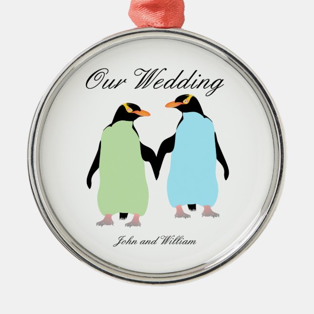 Gay pride Penguins Holding Händer Julgransprydnad Metall (Framsidan)