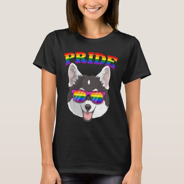 Gay pride Pomsky Hund Husky Mixed Pommanian med L T Shirt (Framsida)