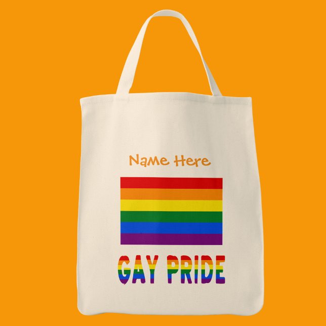 Gay pride Rainbow Flagga Orange Personlig Tygkasse (Tote bag has the Gay Pride Rainbow Flag with words GAY PRIDE below in flag colors. Add a name above.)