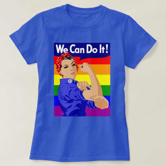 GAY PRIDE ROSIE RIVETER MED RAINBOW FLAGGA TEE (Design framsida)
